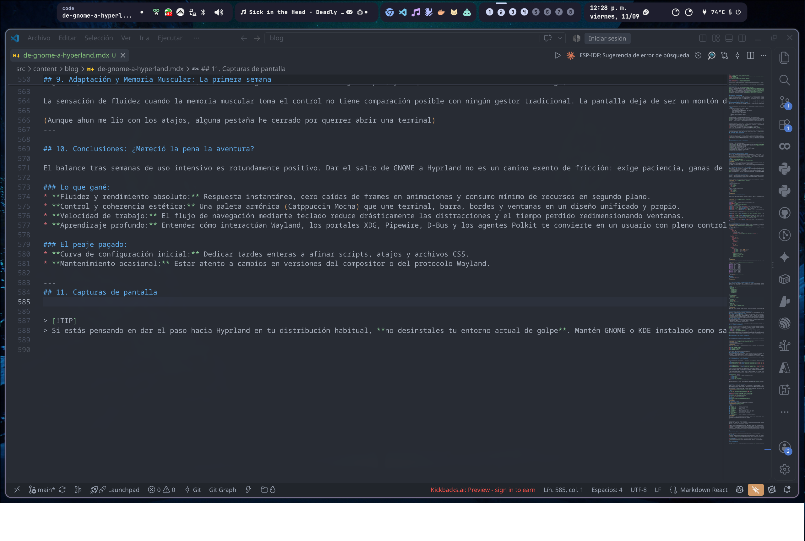 Espacio de trabajo habitual redactando en VS Code